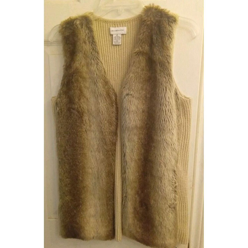 Liz Claiborne Faux Fur Vest Sweater Knit Trim Sleeveless Tan M